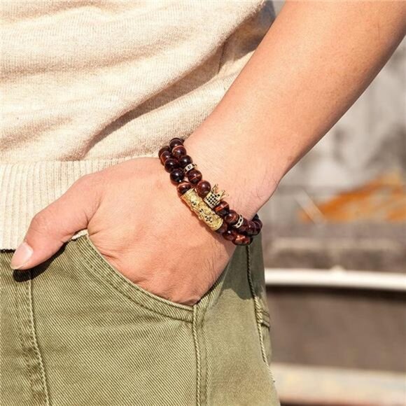 Mens Womens Crown King Bracelet Set Natural Tiger Eye Black Onyx Stone Beads - Picture 5 of 8